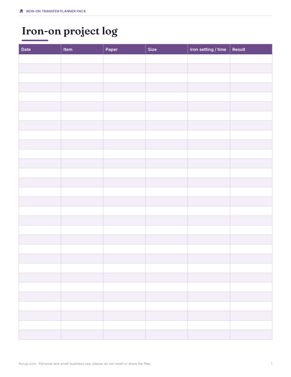 Preview of Printable Iron-On Project Log